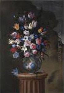 Natura Morta Con Tulipani, Rose,
 Anemoni, Campanule E Altri Fiori In Un Vaso Di Maiolica, Su Una Colonna