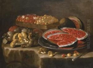 A Still Life Of Watermelon On A Silver Charger, Berries In A Basket