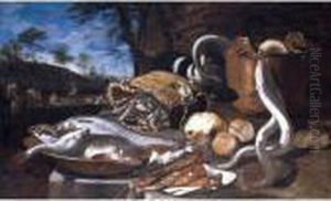 A Still Life With Various Fish
In A Basket And Bowls, Eels, A Cat And Fruit, All Arranged Upon A Stone
Platform, A Landscape With Fishermen Beyond by Giuseppe Recco