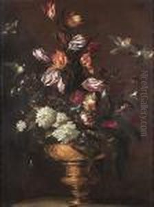 Tulips, Hydrangeas, A Peony, A 
Poppy And Other Flowers In A Moulded Bronze Urn On A Stone Ledge With A 
Blue Tit, A Chaffinch And A Robin