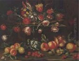 Carnations, Tulips, Roses, 
Narcissi And Other Flowers In A Dish Ona Ledge With Pomegranates, 
Cherries And Nuts Below