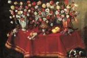 Arrangements Of Flower Bouquets 
In A Majolica Vase, A Sculptedpewter And Bronze Urn And A Ceramic Ewer 
On A Draped Octagonaltable With Two Lemons And Other Flowers, With A Pug
 Restingbelow