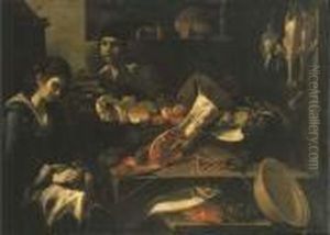 A Kitchen Interior With A Girl Plucking A Bird And A Boy Holding Kindling Wood A Kitchen Interior With A Girl Plucking A Bird And A Boy Holding Kindling Wood