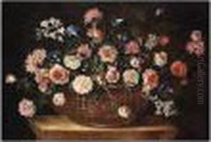Still Life Of Flowers In A Wicker Basket Upon A Stone Plinth