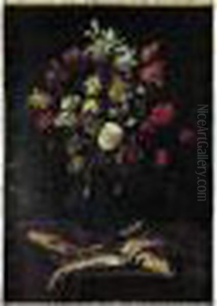 Nature Morte Au Bouquet De Fleurs Dans Un Vase En Verre Et Aux Poissons - view 1