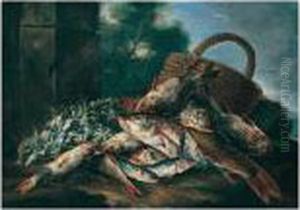 Still Life Of Fish, A Wicker Basket And Celeriac In A River Landscape by Nicola Maria Recco