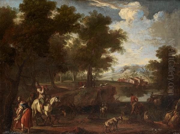 Horsemen In A River Landscape, With A Village In The Distance - view 1
