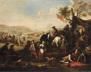 Military Encampment With Soldiers Drinking, Playing Dice And Carousing