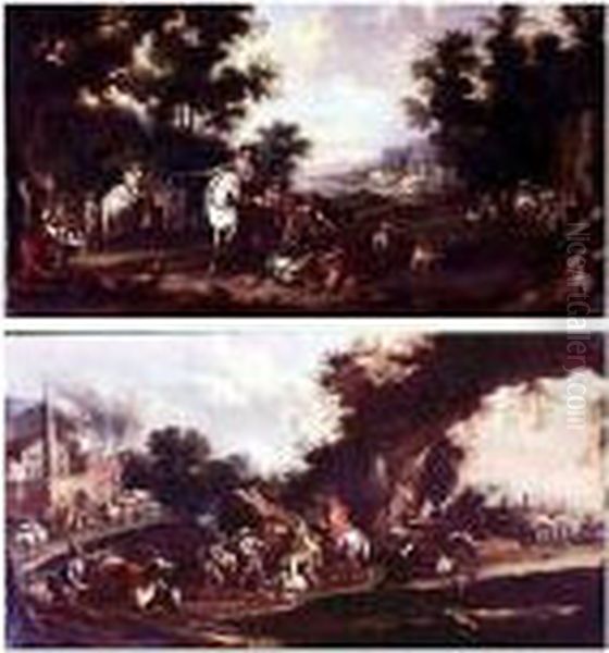An Elegant Party Resting After A
Hunt And An Ambush With Bandits Attacking Travelers And Abducting A
Nun: A Pair Of Paintings - view 1
