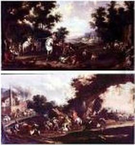 An Elegant Party Resting After A
 Hunt And An Ambush With Bandits Attacking Travelers And Abducting A 
Nun: A Pair Of Paintings