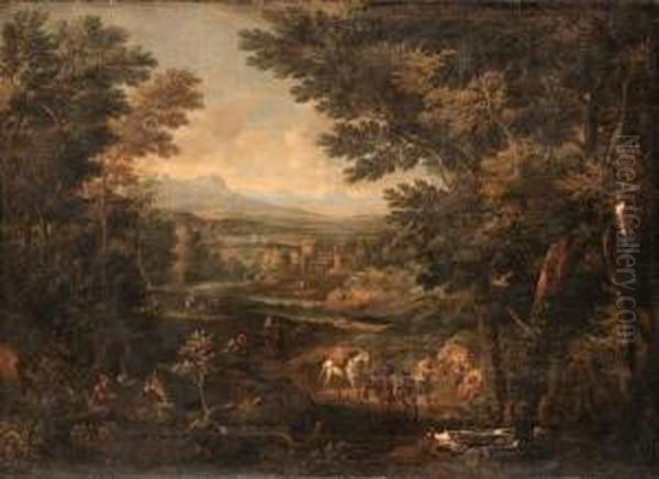 An Extensive Italianate River 
Landscape With Travellers Andpackmules On A Track, A Villa Beyond - view 1