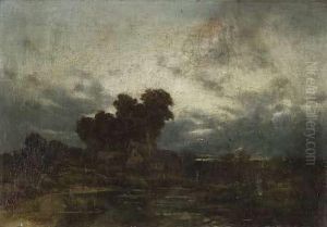 Moorige Voralpenlandschaft Mit Dorf Und Kindern by Franz Reder-Broily