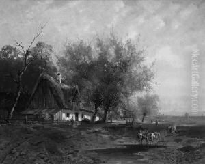 "oberbayerische Landschaft
Mit Bauernhof Und Kuhen An Der Tranke". Sign. Ol Auf Lwd. 40,5 X 50
Cm. Rahmen by Franz Reder-Broily