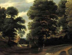 Travellers on a road in a wood, a farm beyond by Jaques D'Arthois
