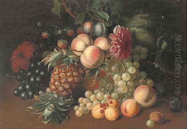Still life of grapes, peaches, strawberries, a melon, pumpkin, pineapple, with an acorn to the side - view 1