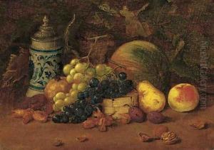 A tankard with grapes, plums, an apple, a melon and hazlenuts