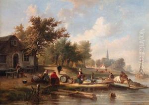 View Of A Town Along A River With Townsfolk On A Jetty