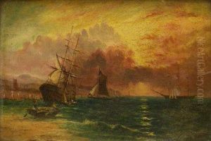 Boats Off The Coast At Sunrise by Edward King Redmore