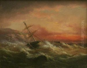 Wreck Off The Coast At Sunset & Rugged Cliffs by Edward King Redmore