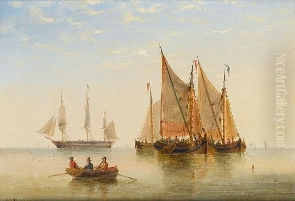 Barges In A Calm Offshore, With A Frigate Drying Her Sails Beyond - view 1