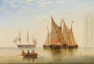 Barges In A Calm Offshore, With A Frigate Drying Her Sails Beyond