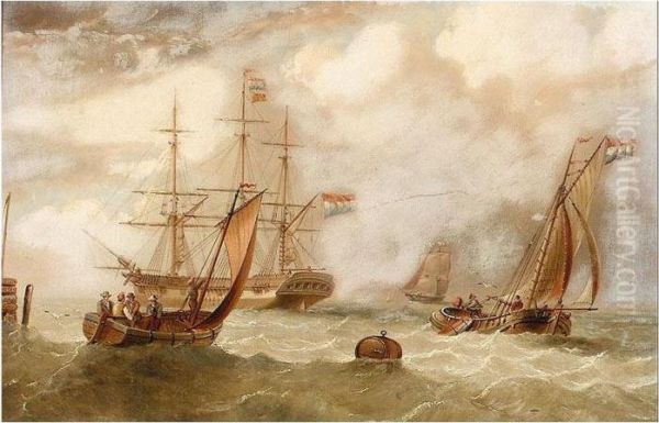 Dutch Man O' War With Sailing Barges In The Foreground - view 1