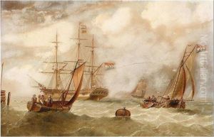Dutch Man O' War With Sailing Barges In The Foreground by Edward King Redmore