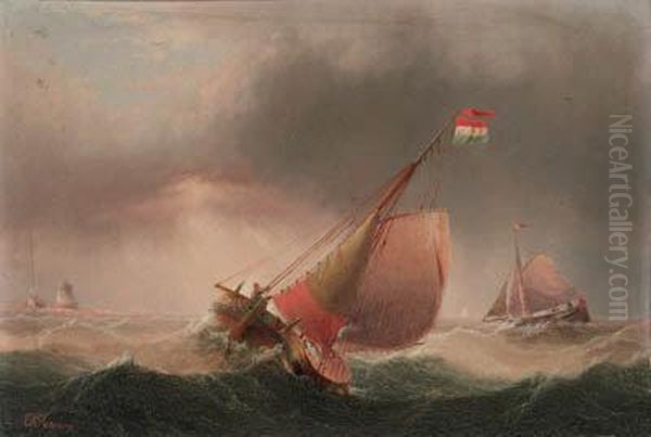 A Fishing Boat And Other
Shipping In Choppy Waters; And A Dutchbarge In Choppy Waters, A
Lighthouse Beyond - view 1