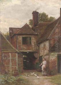 Feeding the doves by Margaret Isabel Dicksee