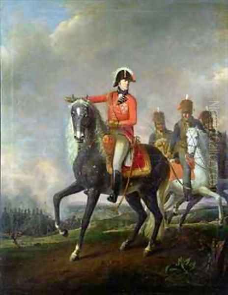 Equestrian portrait of the Duke of Wellington with British Hussars on a battlefield - view 1