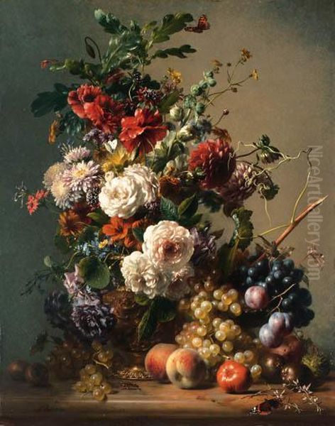 Dahlias, Nasturtiums, Bourbon 
Roses, Poppies, Astras And Buttercupsin A Copper Ewer With Plums, Grapes
 And Peaches On A Marbleledge - view 1