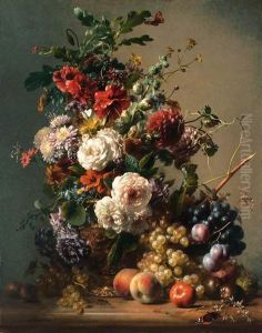 Dahlias, Nasturtiums, Bourbon 
Roses, Poppies, Astras And Buttercupsin A Copper Ewer With Plums, Grapes
 And Peaches On A Marbleledge