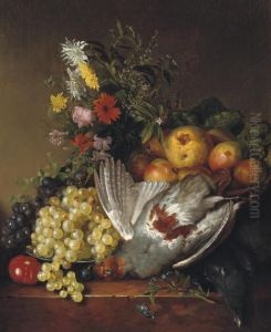 Poultry, Fruit And Flowers On A Ledge by Johannes Jun Reekers