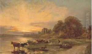 Cattle and a herder by a river, with ruins beyond