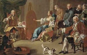 Elegant company in an interior with a gentleman sitting for his portrait by Alessio D'Elia