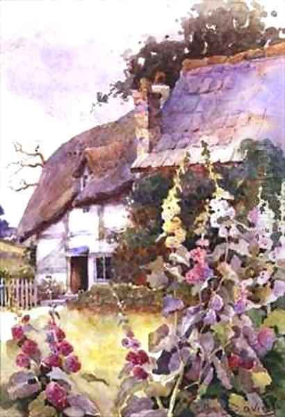 Hollyhocks Outside a Thatched Cottage - view 1