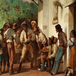 Italian Morra Players Outside An Osteria