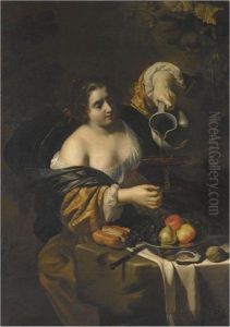 A Young Woman Pouring Red Wine 
From A Pitcher Into A Glass, A Stilllife Of Grapes, A Pear And Apples On
 A Silver Platter, A Knife Andbread-roll, And Oysters Nearby by Niccolo Renieri (see Regnier, Nicolas)