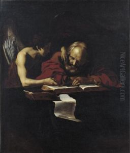 Saint Matthew And The Angel by Niccolo Renieri (see Regnier, Nicolas)