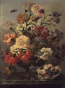 Carnations and forget me nots with roses in a glass bowl by Johann Baptist Drechsler