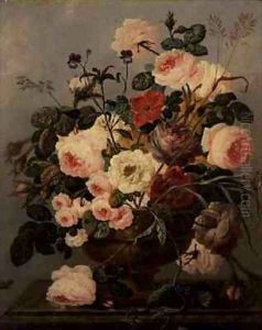 Roses carnations convulvuli and other flowers in a vase on a ledge by Johann Baptist Drechsler