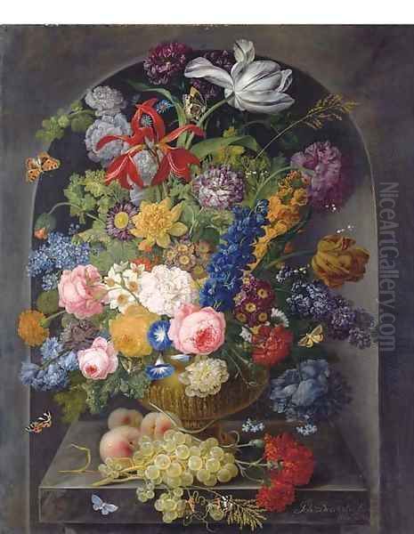 Roses, carnations, tulips and other flowers in a gold sculpted urn with peaches and grapes on a stone ledge with butterflies, in a niche - view 1