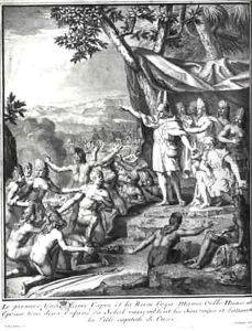 Manco Capac and his wife Coya Mama Oello Huaco gathering the savages and building Cuzco by Debrie, Gabriel Francois Louis