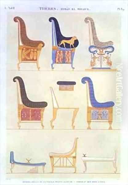 Illustrations of various painted seats and armchairs from the 5th Tomb of the Kings at the east Byban el Molouk - view 1