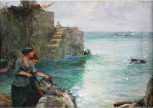 Woman Fishing From A Harbour Wall