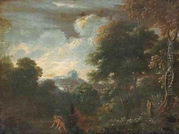 A wooded landscape with Pan and Ceres - view 1
