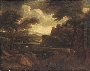 A classical landscape with figures on a river side track
