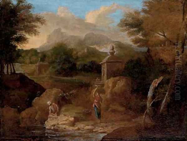 A classical wooded river landscape, with figures conversing on a track - view 1