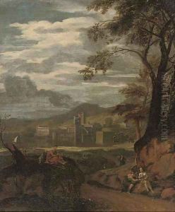 A river landscape with a flute player and other figures resting, a town beyond
