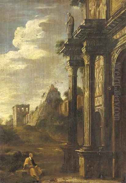 A capriccio of an artist sketching at the base of the Arch of Titus, the Pyramid of Cestus beyond - view 1
